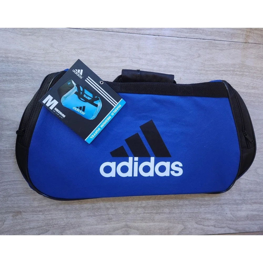 Adidas Diablo MEDIUM Duffel CORE TRAVEL‎ Bag BLACK/WHITE/BLUE 2 POCKETS~NEW+TAGS